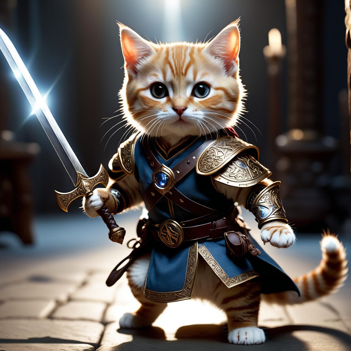 ((photo:1.2)), A cute cat battle mage, sword and shild with runes, dramatic lighting, dynamic pose, dynamic camera,masterp...